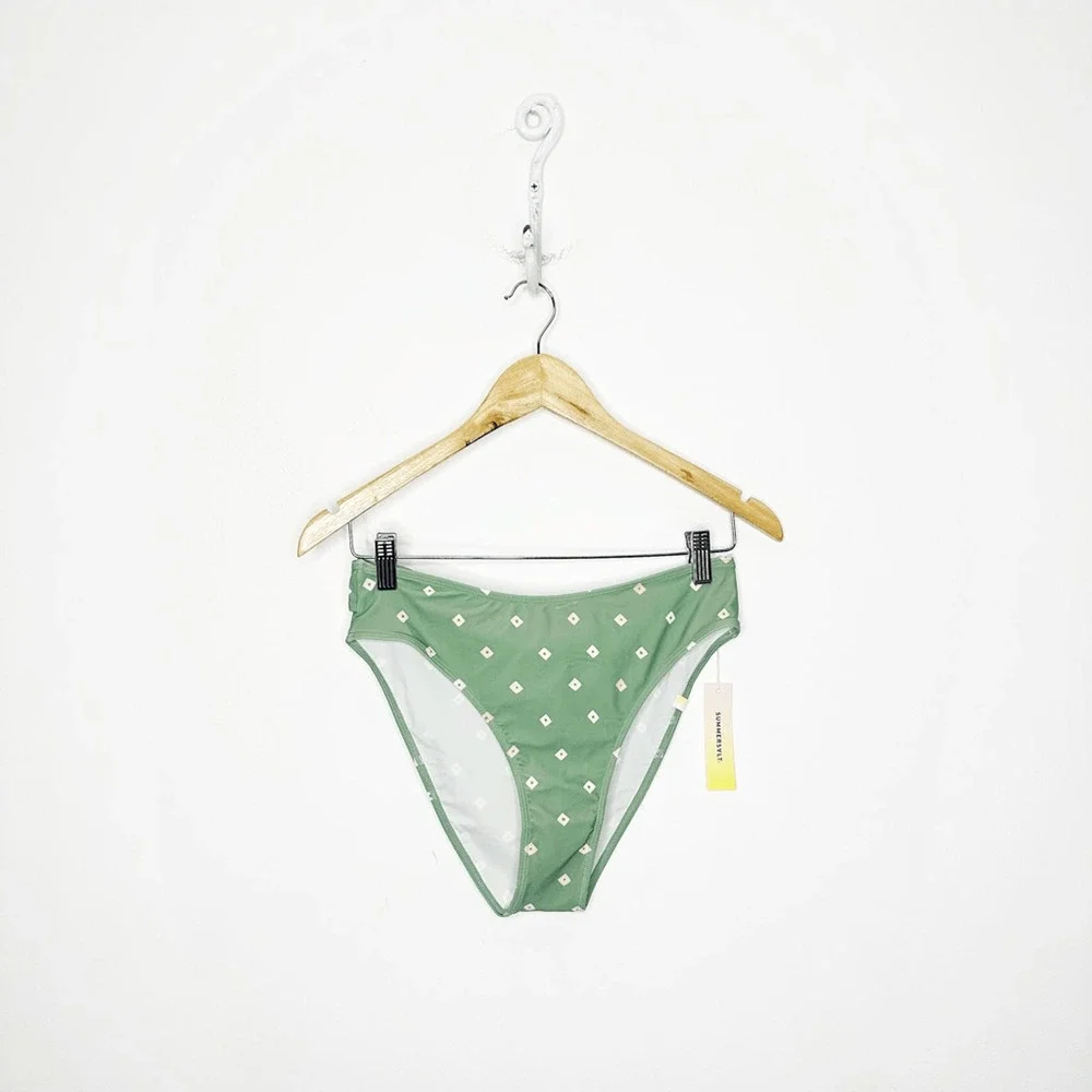 SUMMERSALT The Tie Belt High Leg Mid Rise Bottom Green Diamond Dot size 6 NWT